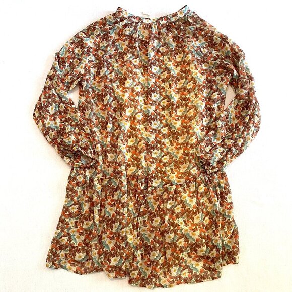 NWT Mango floral print mini dress Women's 4 orange brown loose ruffle boho - Picture 6 of 10